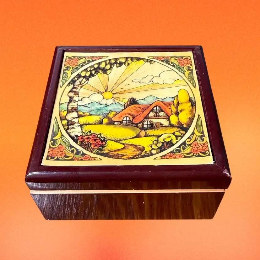 Vintage Wood Laquered Musical Jewelry Box - GROOVY Village Home Landscape READ