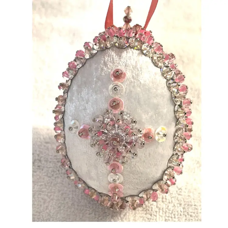 Handmade Vintage Style Push Pin Easter Egg Ornament Beads Sequins Ribbon 3.5 in Height