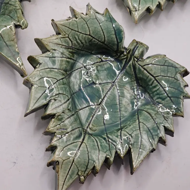Studio Art Pottery leaf design salt dipping Trinket Dishes lot of 3 stacking