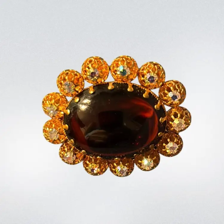 Stunning Made In Austria Prong Set Scarlett Red Glass Cabochon Surrounded By Gold Filigree Balls Topped With AB Rhinestones