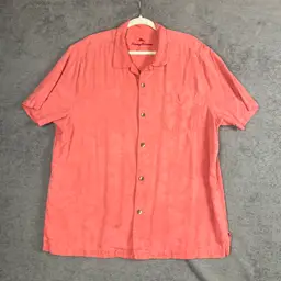 Tommy Bahama Shirt Men’s XL 100% Silk Camp Coral Jacquard Palm Print Short Sleeve