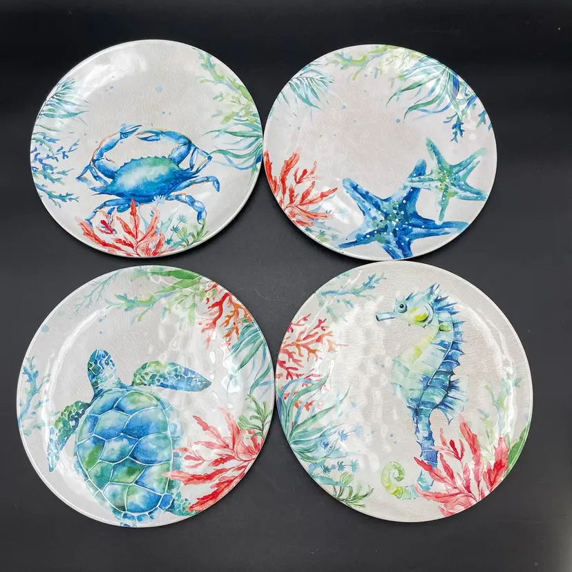 Melamine Sealife Salad Plates Beach Ocean Seahorse Sea Turtle Crab Set of 4