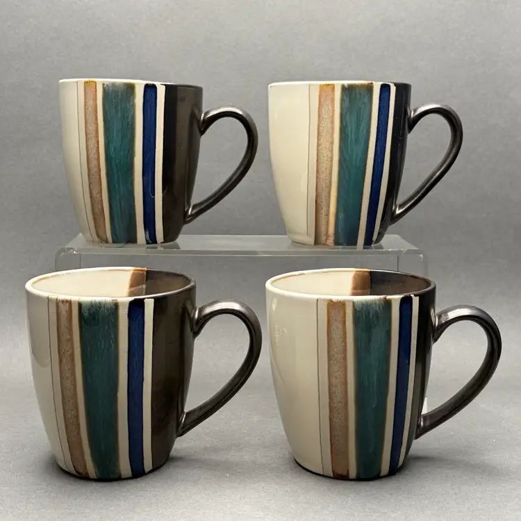 Vintage Set of 4 American Atelier Iridescent Brown Striped Stoneware Mugs