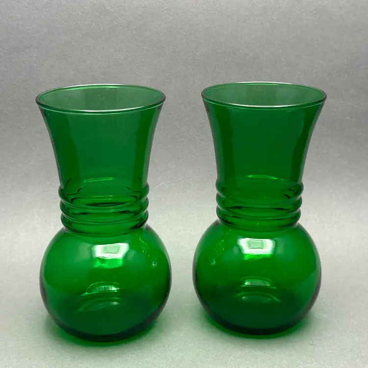 Vintage Pair of MCM Anchor Hocking Forest Green Ribbed Vases