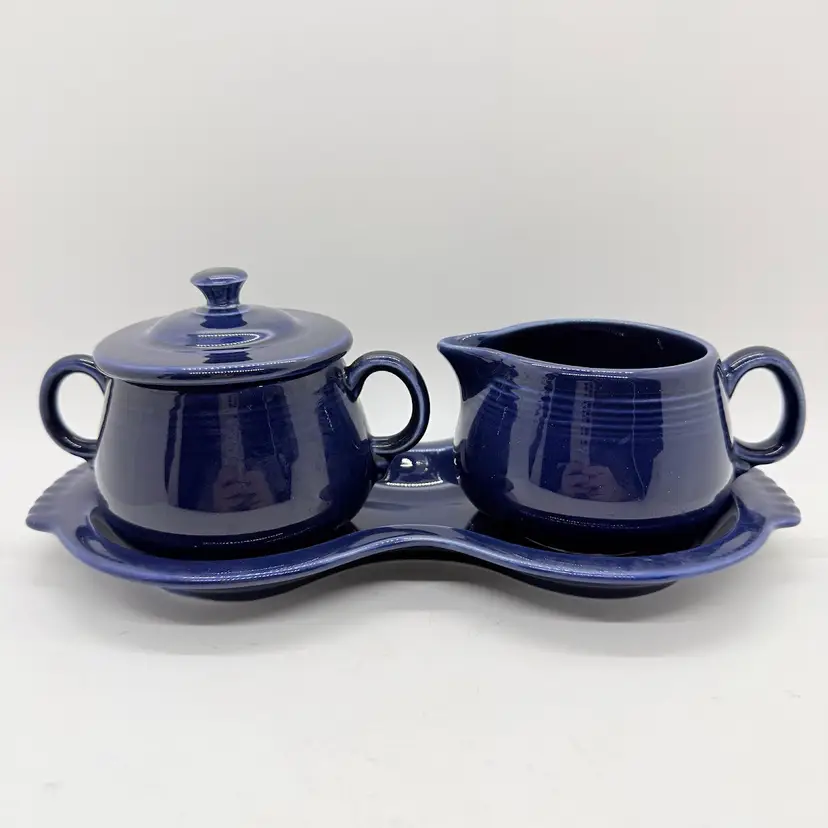 Fiestaware Fiesta Cobalt Blue Creamer Sugar w/ Lid & Tray Set Homer Laughlin MCM