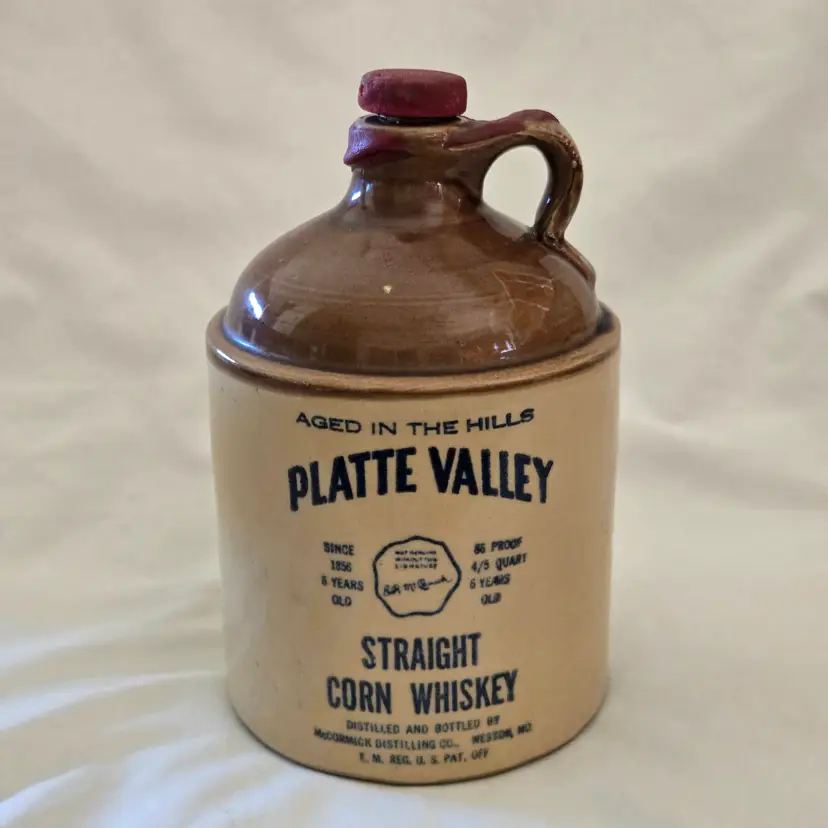 Stoneware Jug Platte Valley Straight Corn Whiskey with Cork 4/5 Quart Vintage