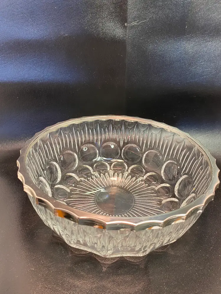 Vintage 1980's Glass Bowl with Scalloped Silver Rim