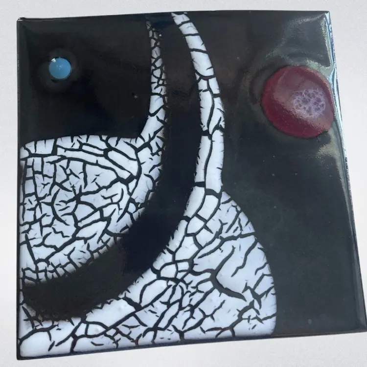 #01 Mid-Century Modern Abstract Art Tile – Crackle Glaze & Glossy Accents- 8.75” x 8” - Cork Feet- Trivet, Wall Art