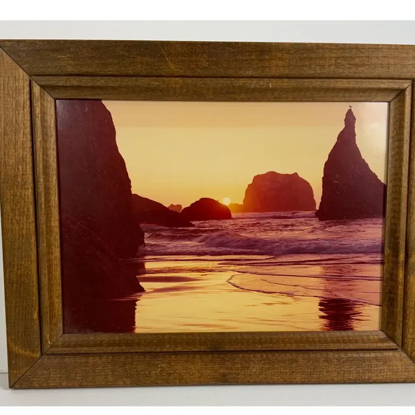 Vintage Original Art Photography Of A Stunning Orangey Sunset Over The Rocky Seashore