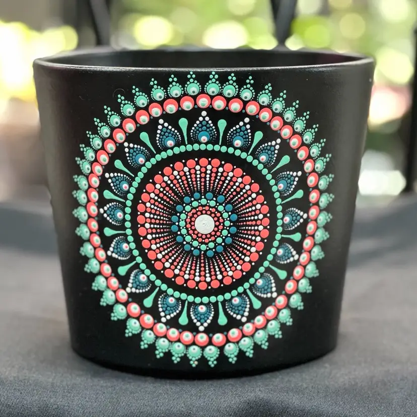 PRE-ORDER 6.7 inch hand painted pot black with neon coral, green, blue