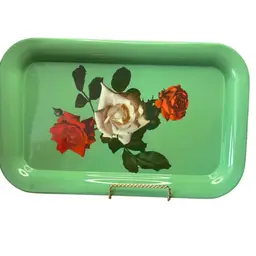 Vintage Green Serving Lap Tray With Red And White Rose @14x9 Couple Of Rust Spots On Underside