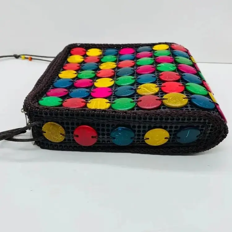 #2509 Vintage Colombian Purse Multicolour Buttons Long crossbody beaded strap