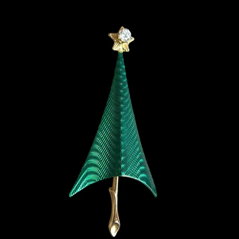 #01 - Cerrito Of Giovanni Mid Century Modern Gold Tone  Green  Enameled And Rhinestone   Christmas Tree Pin