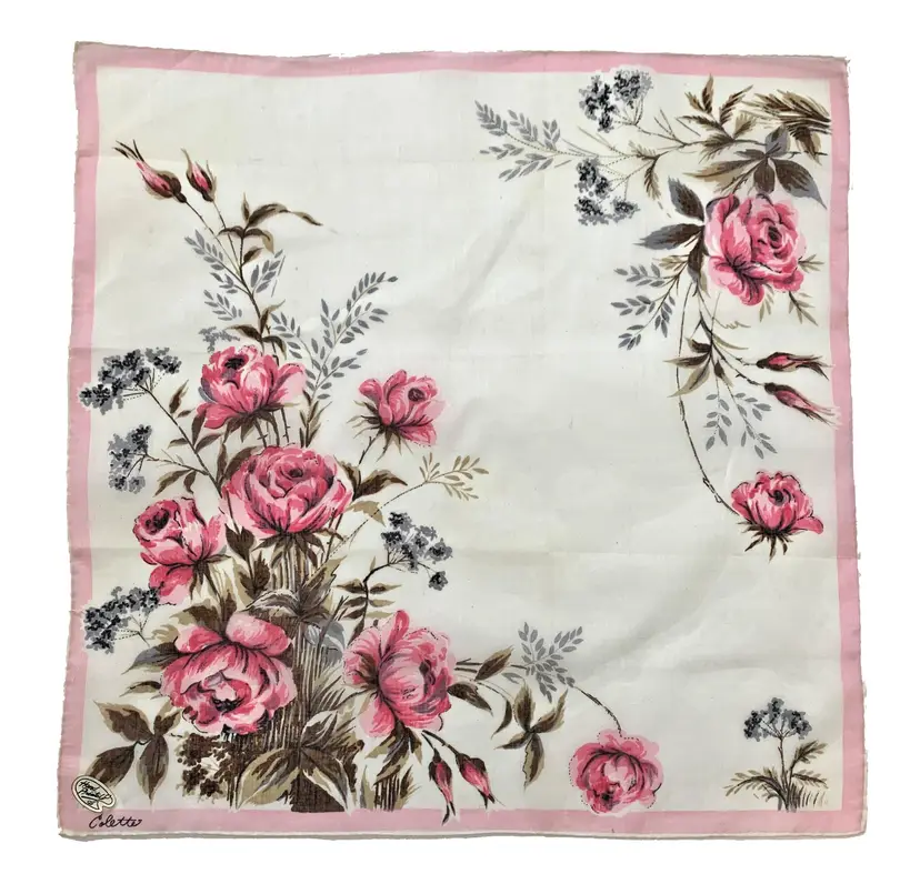 Signed Colette Roses Bridesmaid Handkerchief Japan Hand Painted Cottage Core Vintage