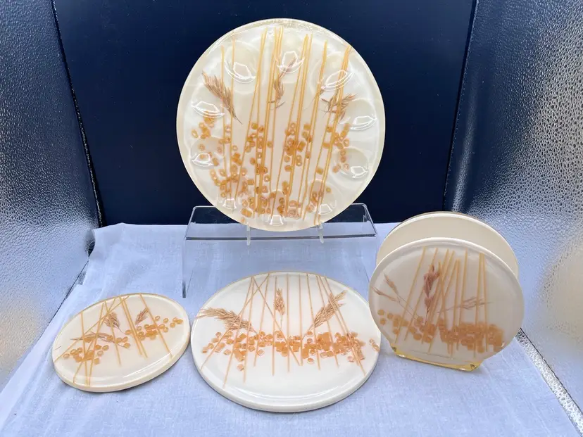 Vintage Pasta and Wheat in Lucite Kitchen 4 Piece Set. Egg Plate, Large and Small Trivet, and Napkin Holder