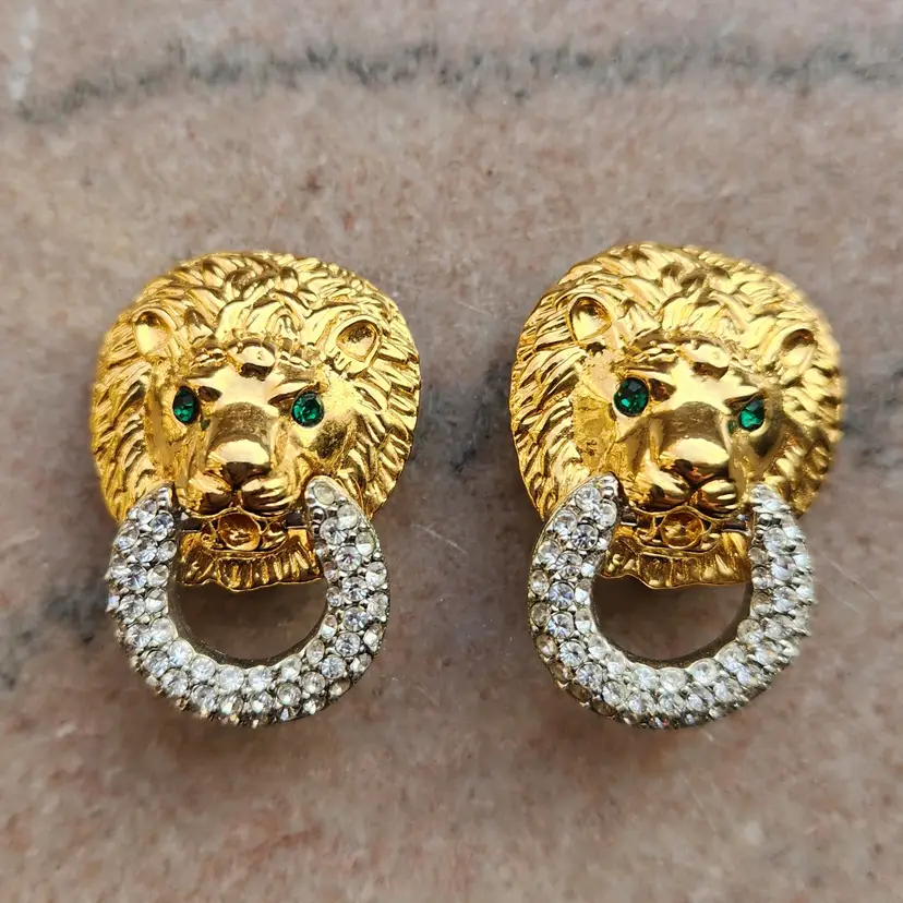 KJL Lion Rhinestone Door Knocker Earrings Clip on Gold Tone Pave Marked Kenneth Jay Lane Vintage Costume Jewelry + Gift Box