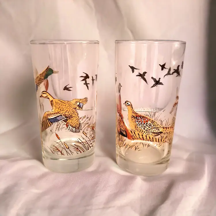 Set of 2 Vintage Libbey Pheasant High Ball Drinking Glasses