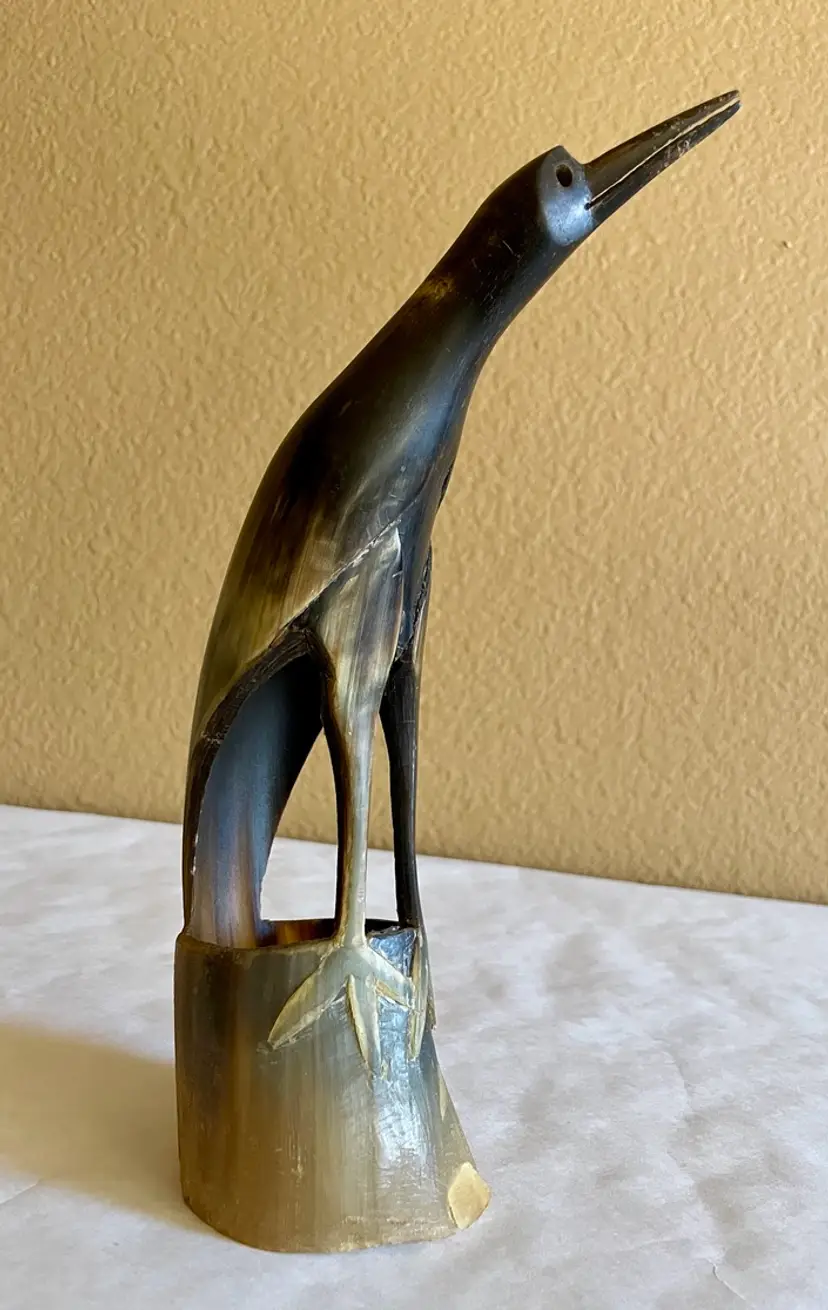 Hand Carved Bird with Beak From Animal Horn Sculpture Shelf Table Decor - Vintage