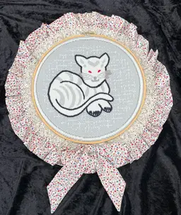 Handmade Embroidery Art, Grey Tabby Cat, Hoop & Cloth Framed, Wall Hanging