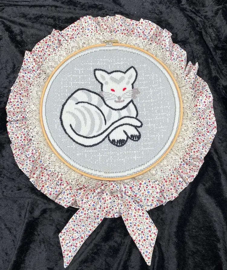 Handmade Embroidery Art, Grey Tabby Cat, Hoop & Cloth Framed, Wall Hanging