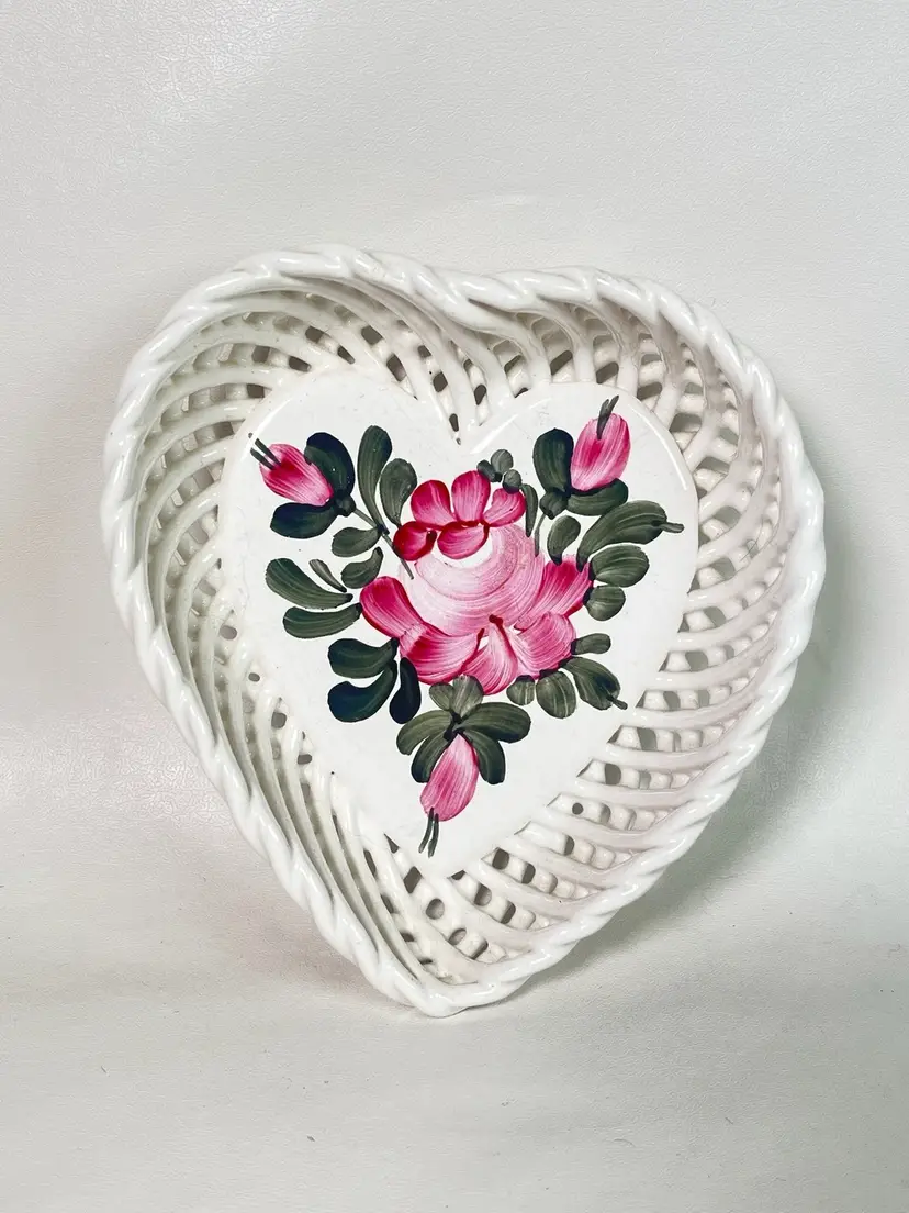 Signed Vintage Hand Painted Floral White Lattice Heart Shaped Trinket Dish