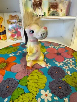 Vintage Yellow Pink Ceramic Dog Figurine