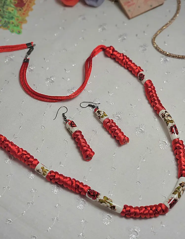 Vintage porcelain and satin cord necklace and earring set