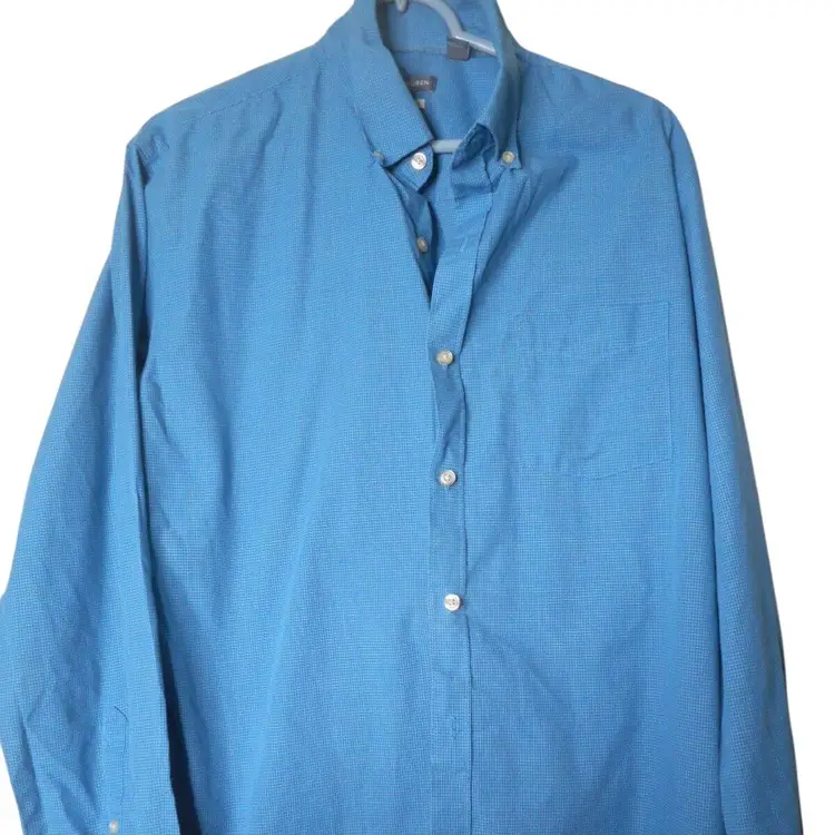 Van Heusen Size L 16 - 16 1/2 blue white checked long sleeve button front dress Shirt cotton blend