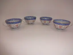 4 Vintage Jingdezhen Porcelain Teacups Dragon Rice Grain Eye White Blue Red