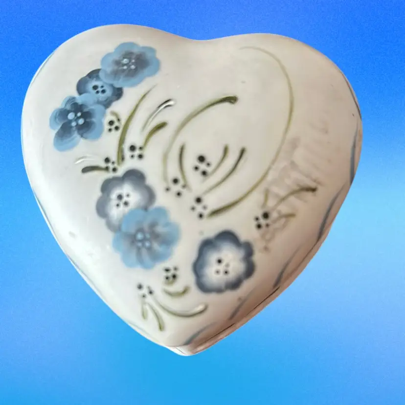 Vintage Bisque Ceramic Heart Shaped Trinket Box Porcelain Blue Floral Lid
