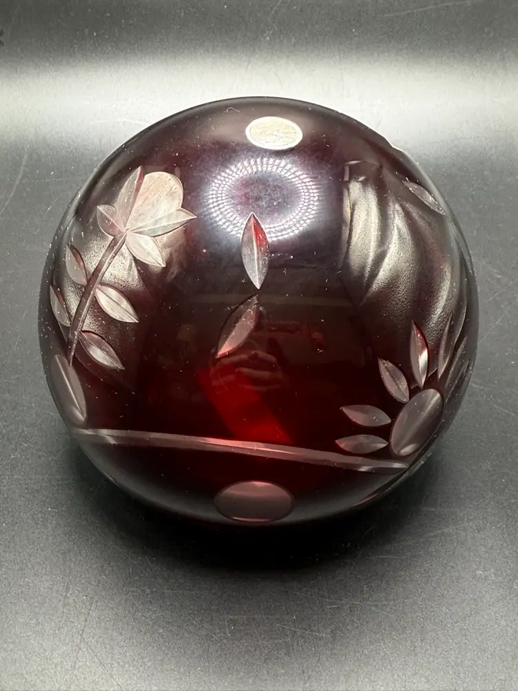 ROMANIA CRANBERRY RUBY RED CUT TO CLEAR CRYSTAL LARGE ORB PAPERWEIGHT