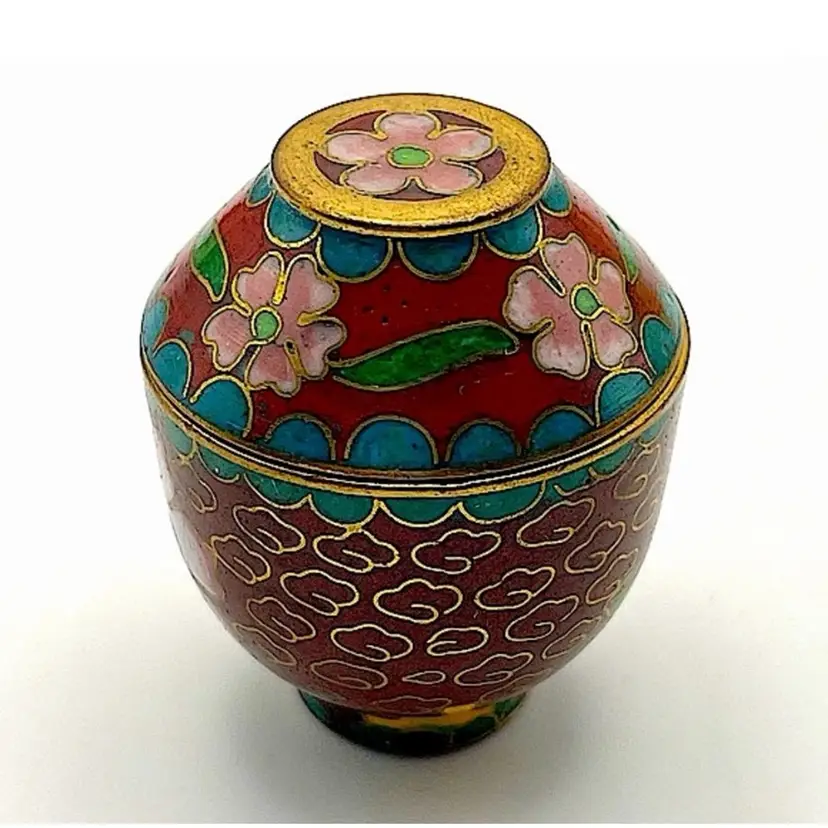 Miniature, Metal, Multicolored Cloisonné Vessel with Lid, Floral/Leaves, 1.5” tall. Beautiful Condition!