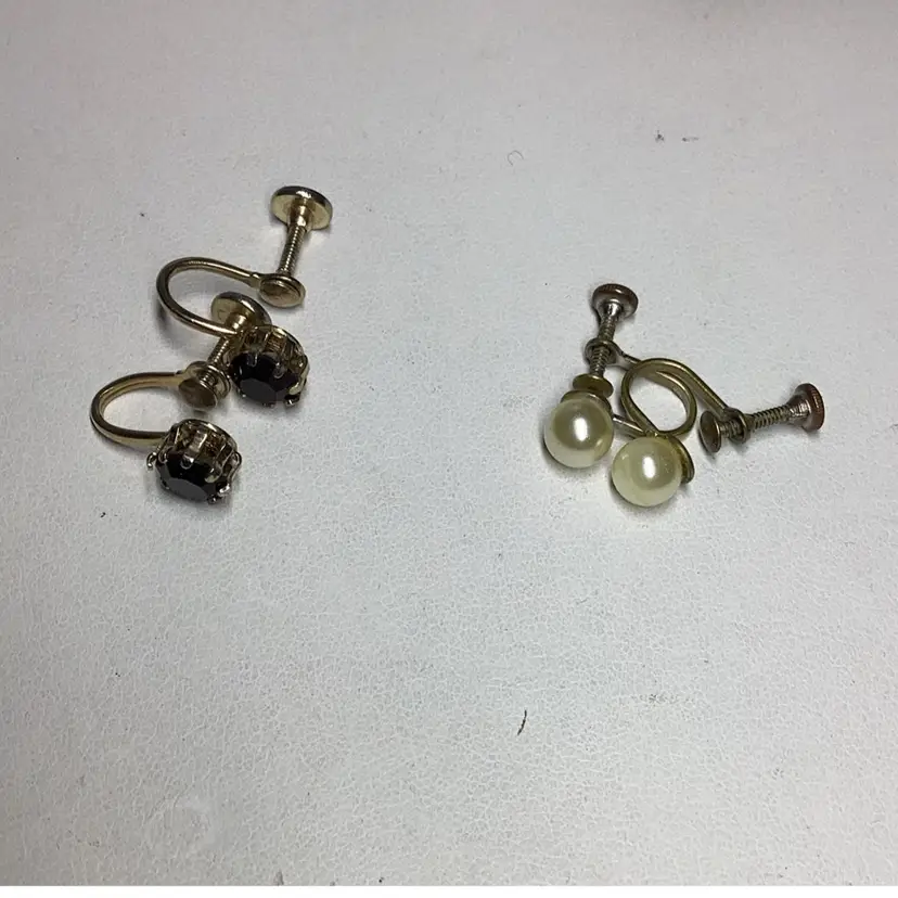 Two Screwback Earrings Faux Pearls & Silvertone & Red Stone Pair
