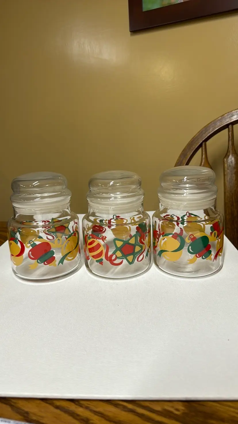 Christmas Bells Glass Candy Jars w/lids 6” tall set of 3