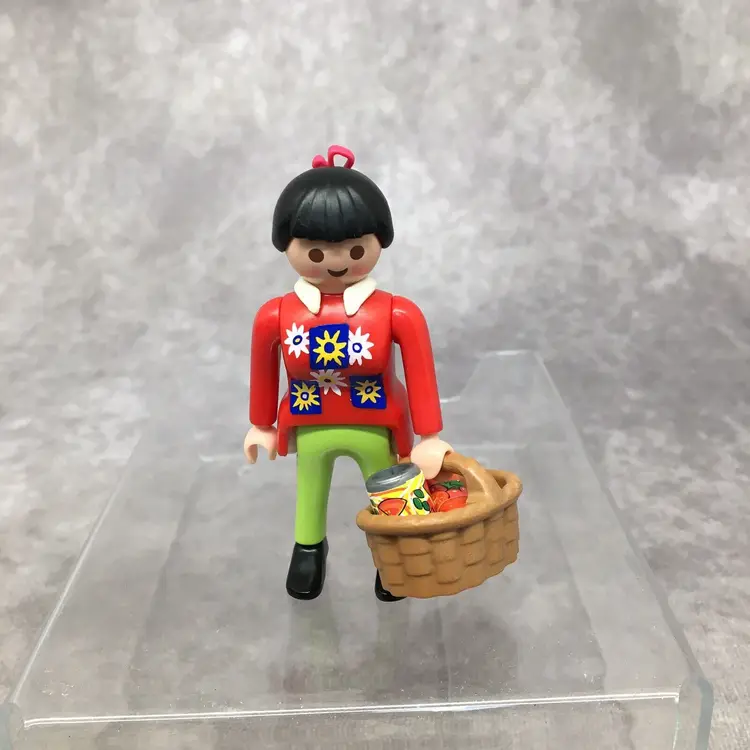 Playmobil Black Hair Female Figure w/ Basket of Groceries -Flower Shirt