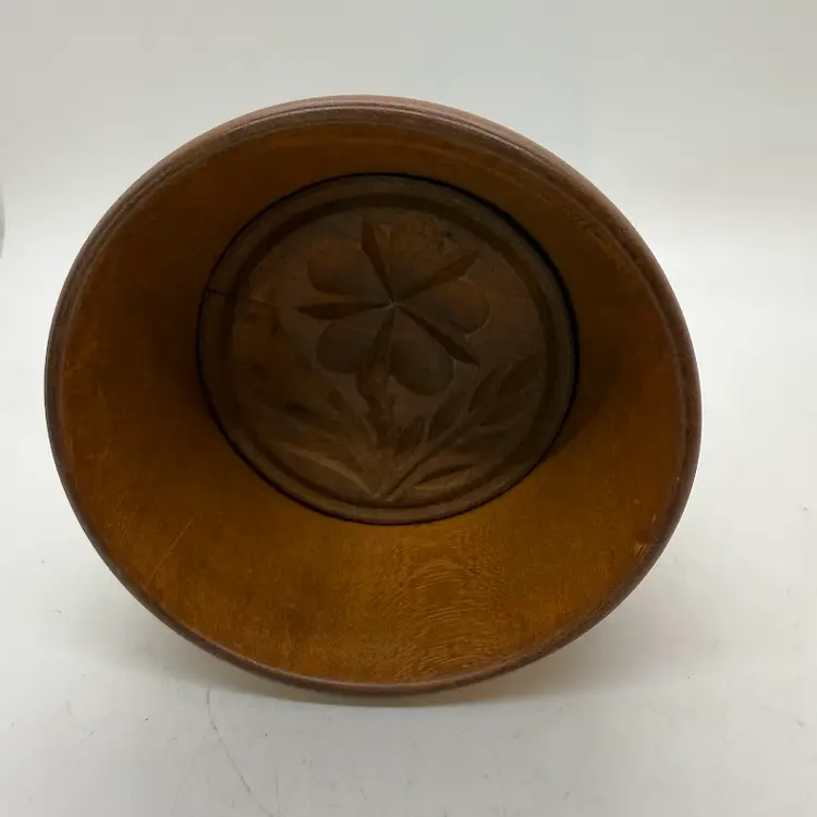 Antique Primitive Wooden Butter Mold Stamp Press Flower Fern Petal Carved 3.75"