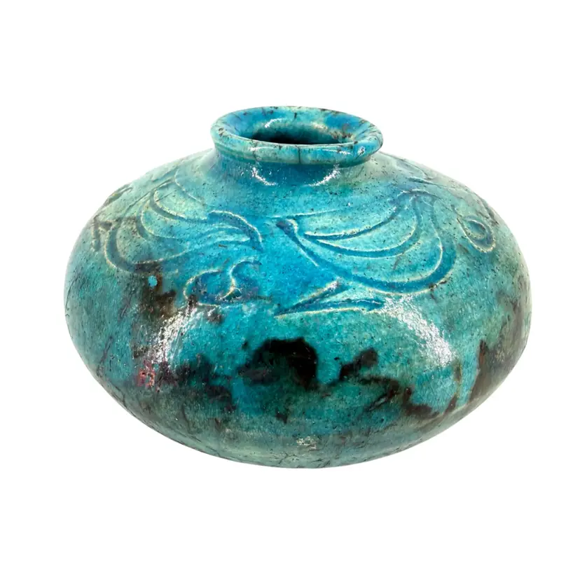 Teal Blue Bird Raku Pottery Squat Vase Signed