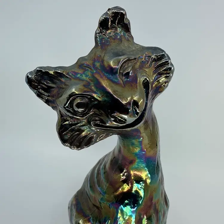 Fenton Amethyst Iridescent Winking Alley Cat Carnival Glass Figurine 10.5”