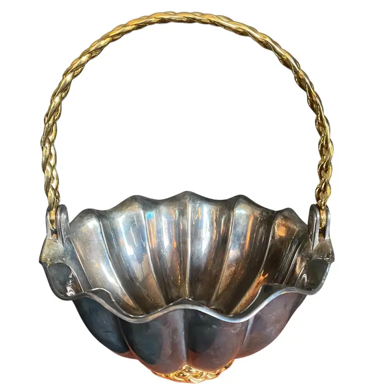 INC Silver Plated Wedding Basket w/Gold Tone Brass Braided Handle