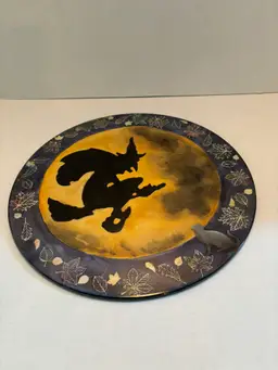 Vintage Ceramic Halloween Plate featuring Flying Witch and Cat 12.5 in. Across