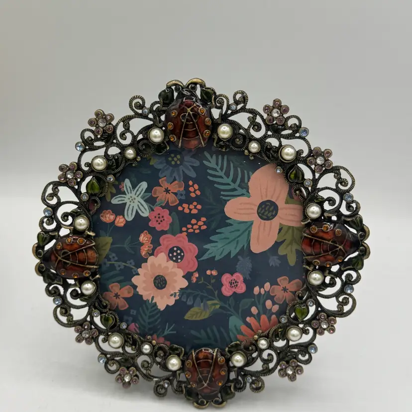 Vintage Ornate Metal Photo Frame W/ Enamel Lady Bugs, Rhinestones & Accent Pearls