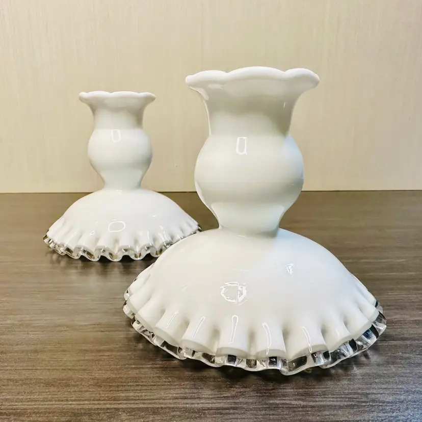 A Pair of Vintage Fenton Silvercrest White Milk Glass Taper Candlestick Holders Ruffledged Base