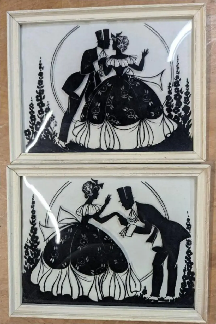 Two (2) Framed Revers Painted Sillouttes - Le marriage de Blanche - 8.75 x 6.75 inches