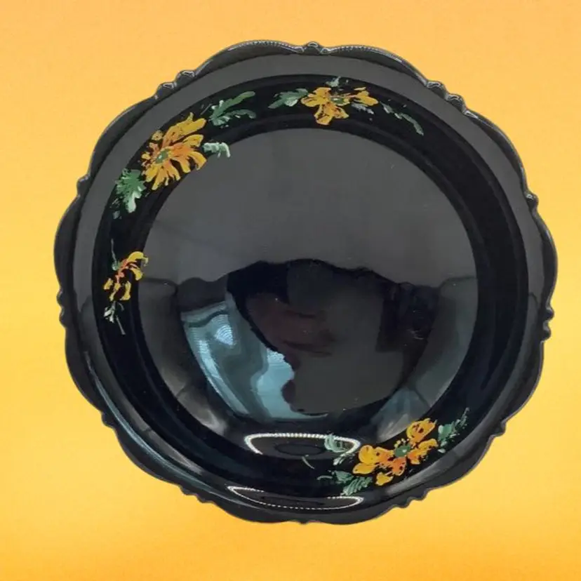 vintage Black Glass Pedestal Bowl With Hand Painted Flowers 8”