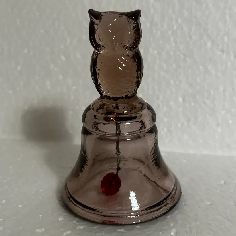 Vintage 1980s Boyd Slag Glass Lavender Owl Bell With Red Clacker 3 1/2”