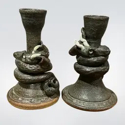 OOAK Pottery Dragon Candlestick Holder Pair Signed By Artist