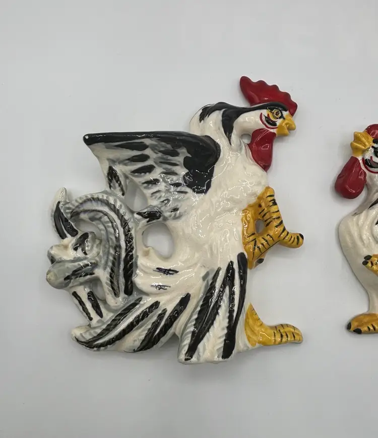 Vintage Glazed Ceramic Fighting Roosters Wall Hangings Japan Set Of 2