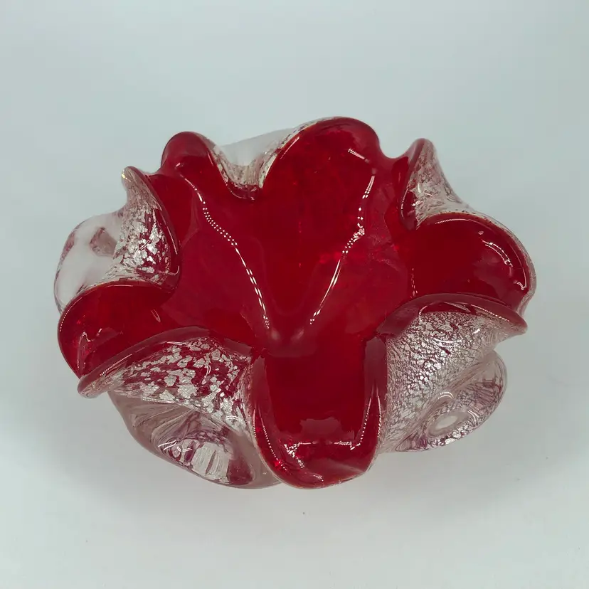 Vintage Hand-Blown Art Glass Murano Red & Silver Aventurine Ashtray Trinket Dish