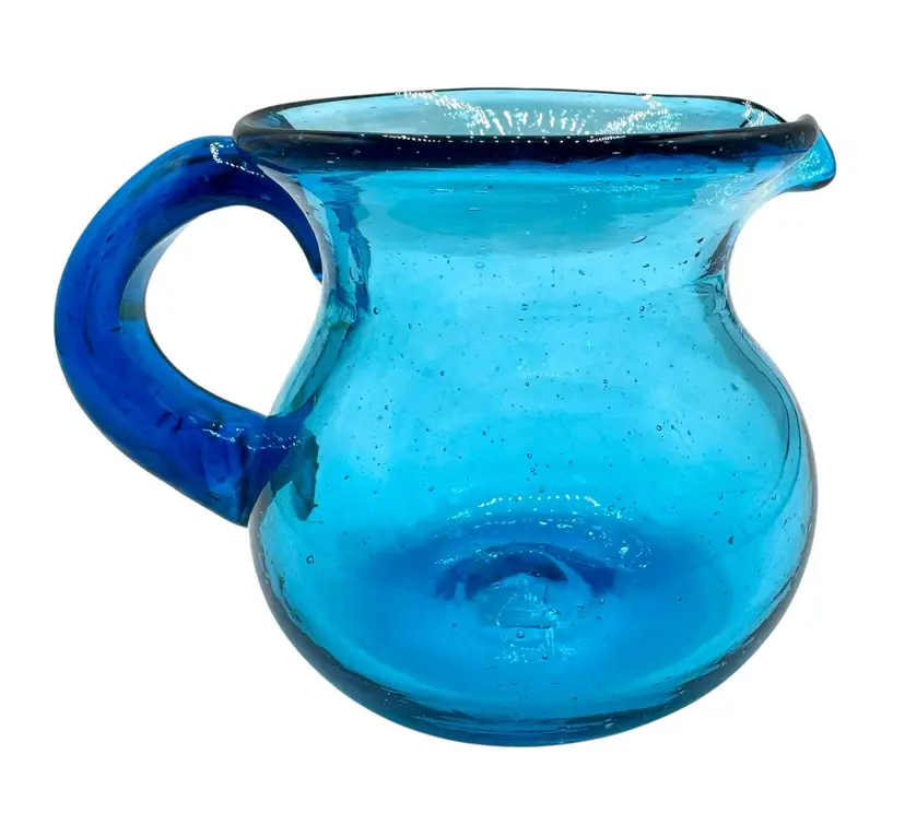 Vintage Hand Blown Glass Small Pitcher Creamer Blue Bubbles Thick Handle 3.75”
