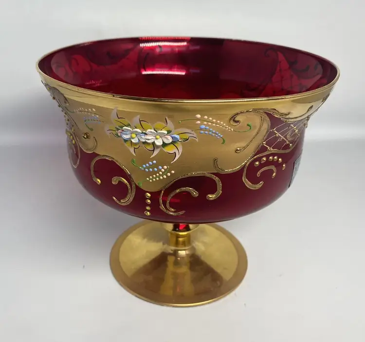 Murano Glass GLOWS Italy Gold Gilded Red Compote Vase Vintage Floral Kb Import
